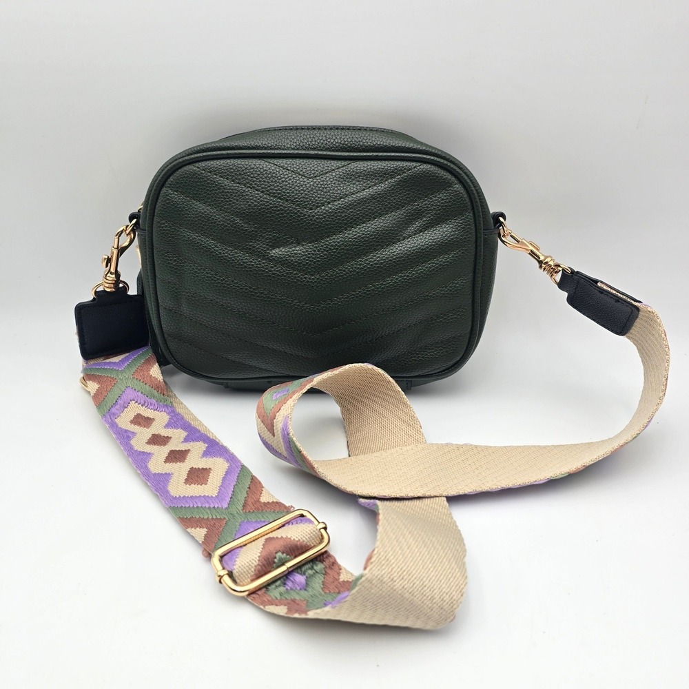 Dark Green Chevron Quilted Camera Bag with Embellished Strap Gold‎ Hardware